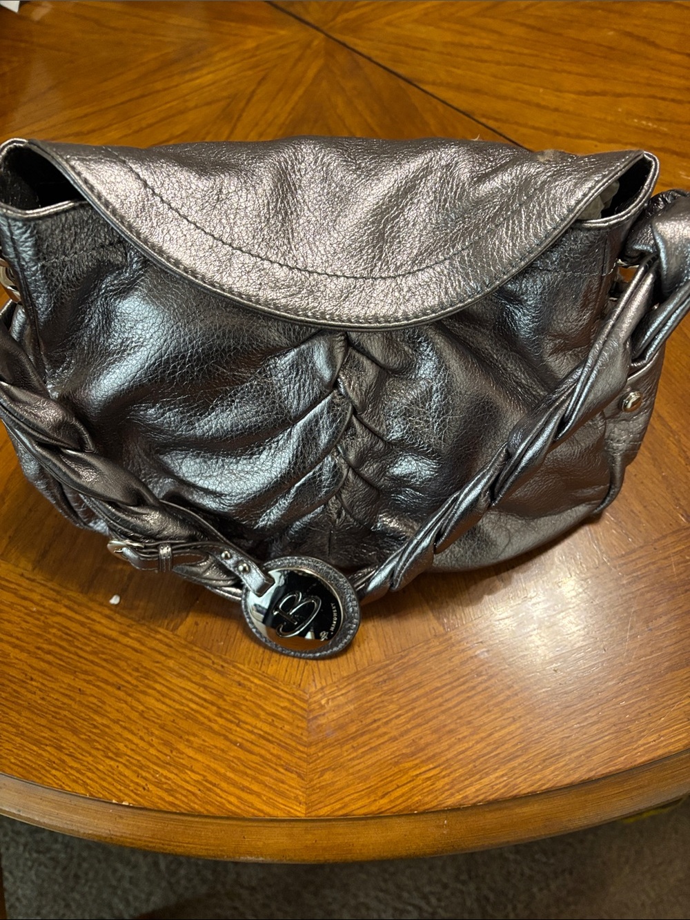 b. makowsky Metallic Pewter Shoulder Bag with Braided Strap